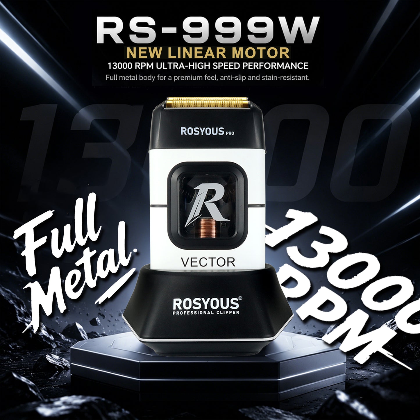ROSYOUS RS-999W Professional Electric Foil Shaver for Men, High Speed 13,000 RPM Vector Motor Shaver for Head & Beard, Close Cut Cordless Razor with 2 Interchangeable Foil Covers (Coarse & Fine)