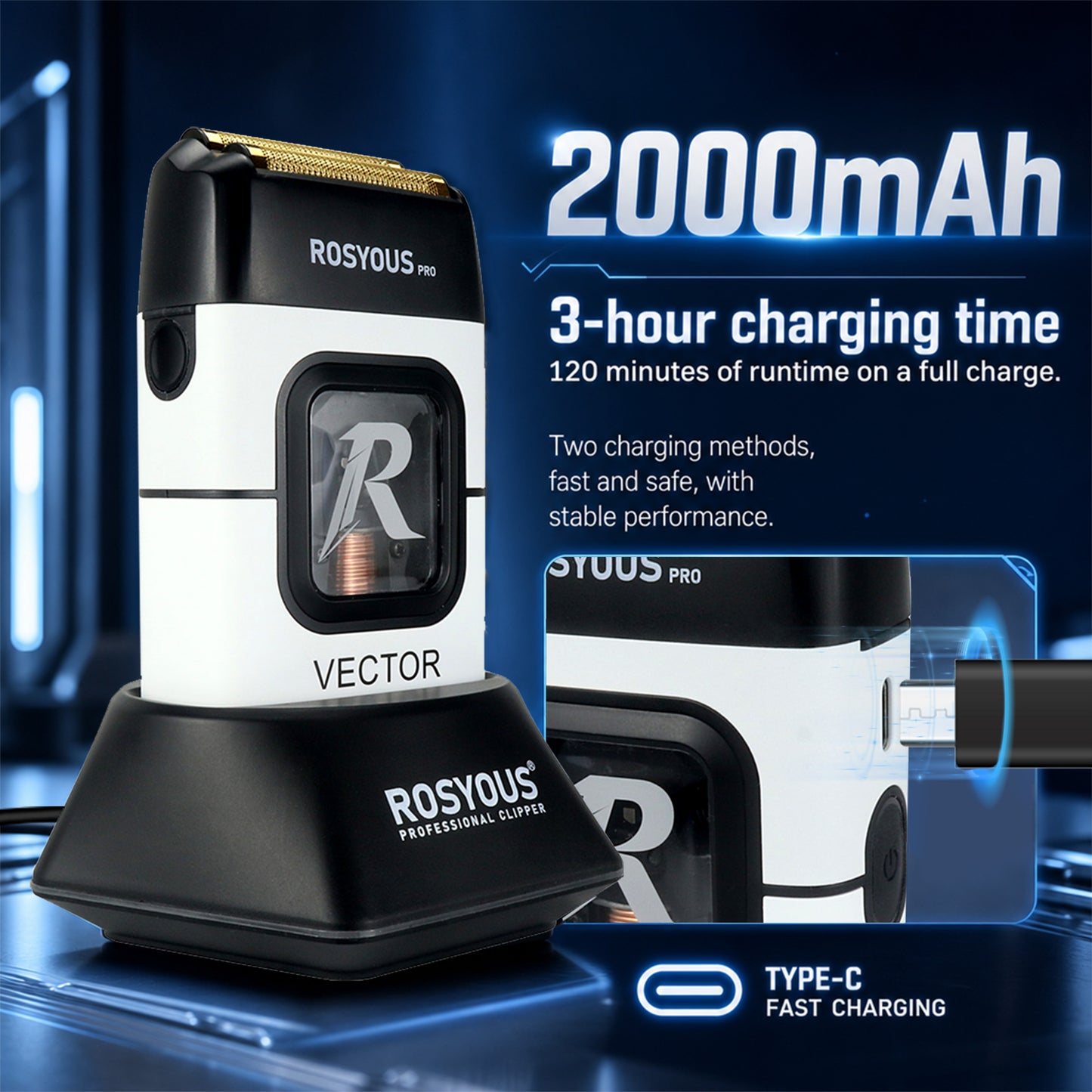 ROSYOUS RS-999W Professional Electric Foil Shaver for Men, High Speed 13,000 RPM Vector Motor Shaver for Head & Beard, Close Cut Cordless Razor with 2 Interchangeable Foil Covers (Coarse & Fine)
